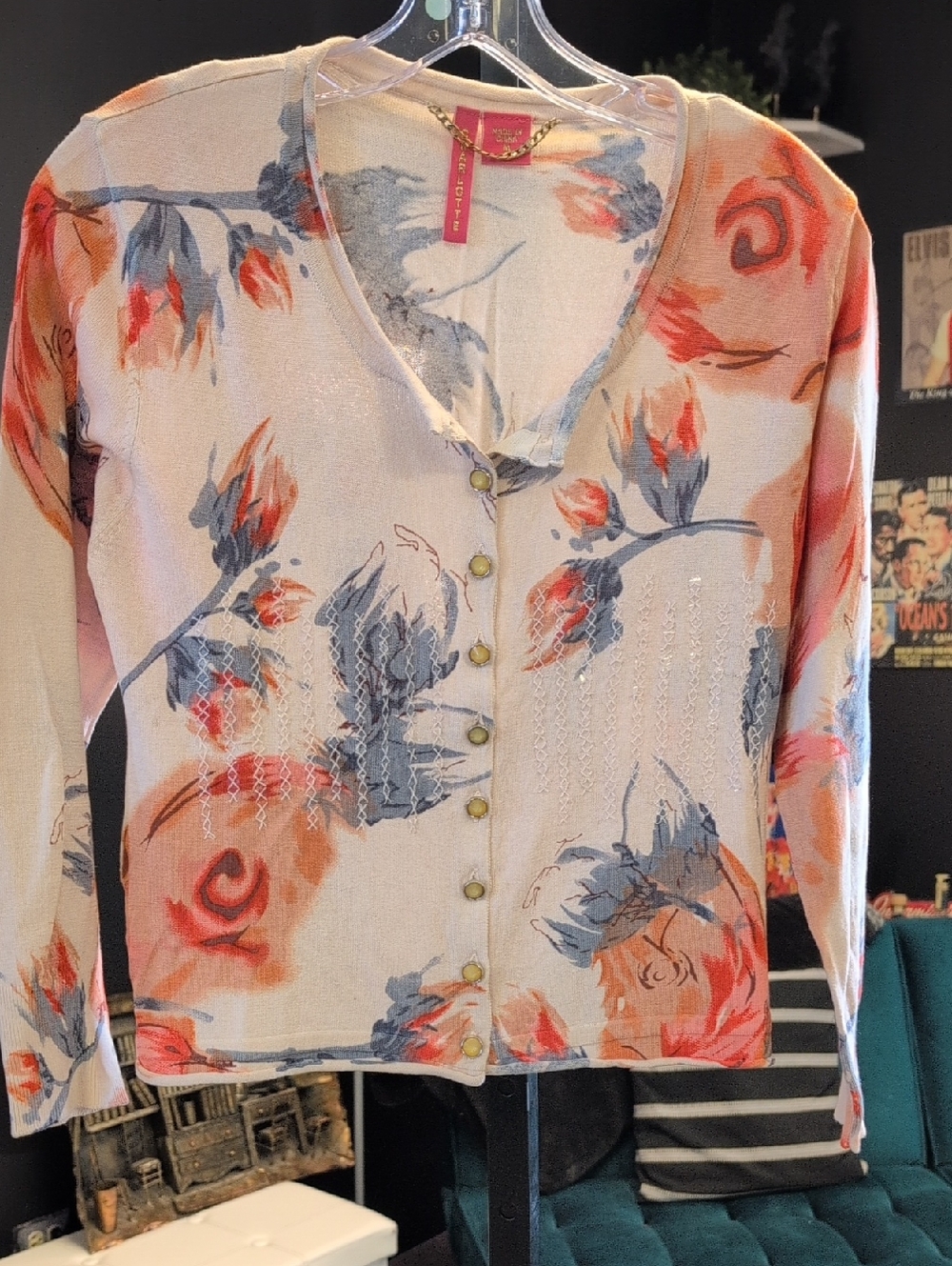 Charlotte Tarantola Cream Cardigan with Coral & Blue Floral Print